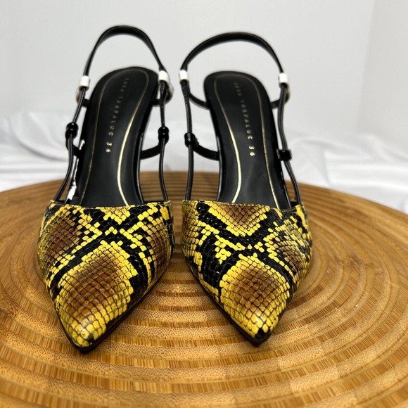 Zara Women’s Snake Print heeled sandals Pointed Toe Black/ Yellow Size 36 . - Picture 2 of 8